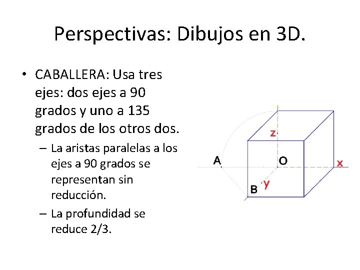 Perspectivas: Dibujos en 3 D. • CABALLERA: Usa tres ejes: dos ejes a 90