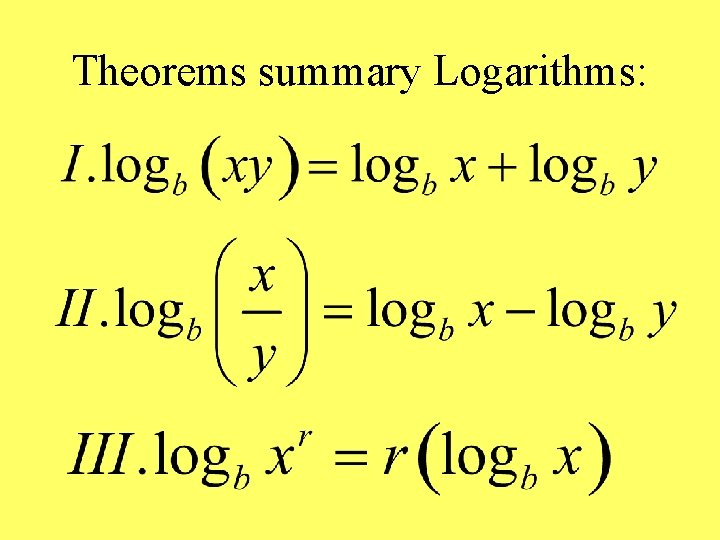 Theorems summary Logarithms: 