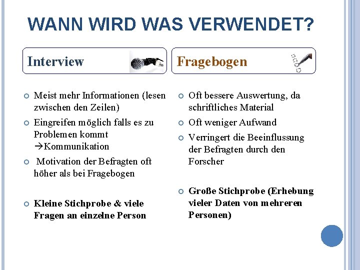 WANN WIRD WAS VERWENDET? Interview Meist mehr Informationen (lesen zwischen den Zeilen) Eingreifen möglich