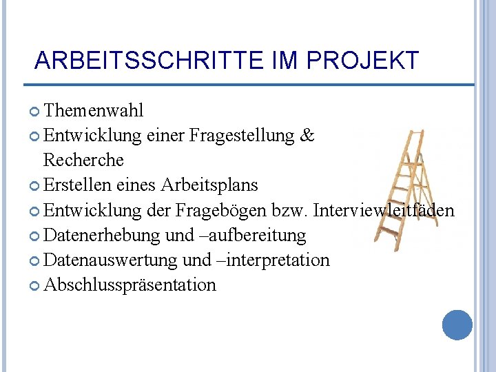 ARBEITSSCHRITTE IM PROJEKT Themenwahl Entwicklung einer Fragestellung & Recherche Erstellen eines Arbeitsplans Entwicklung der