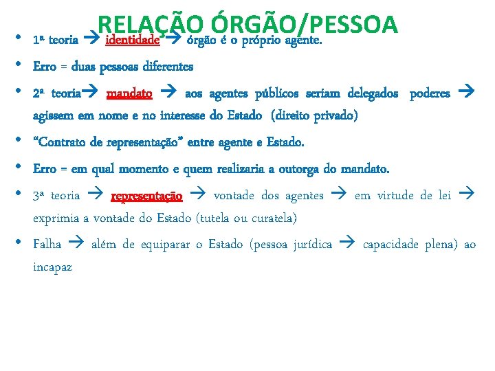 RELAÇÃO ÓRGÃO/PESSOA • 1ª teoria identidade órgão é o próprio agente. • Erro =