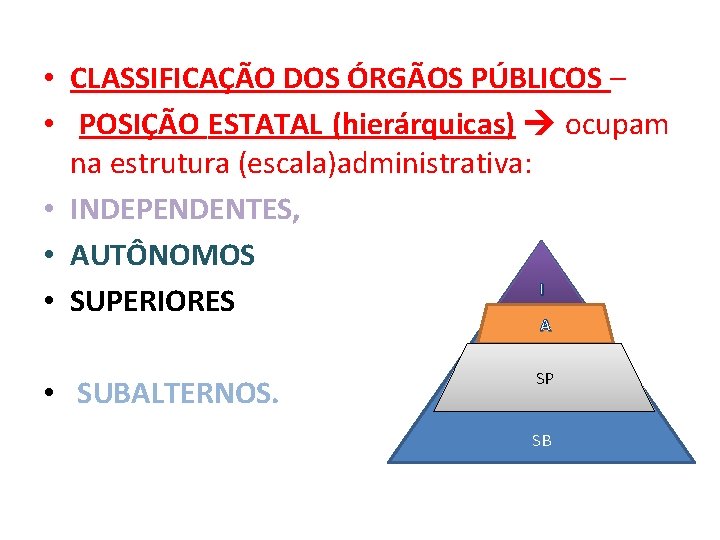  • CLASSIFICAÇÃO DOS ÓRGÃOS PÚBLICOS – • POSIÇÃO ESTATAL (hierárquicas) ocupam na estrutura