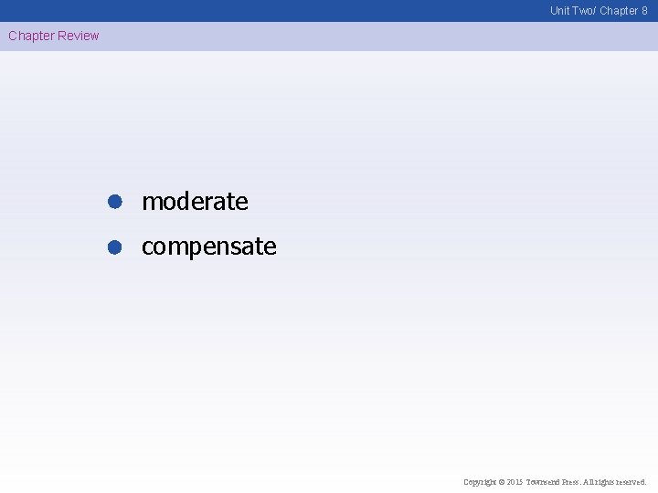 Unit Two/ Chapter 8 Chapter Review moderate compensate Copyright © 2015 Townsend Press. All