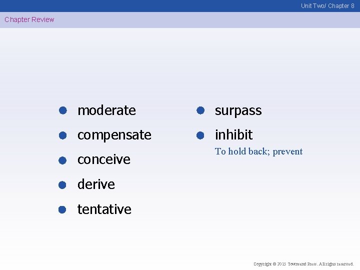 Unit Two/ Chapter 8 Chapter Review moderate surpass compensate inhibit conceive To hold back;