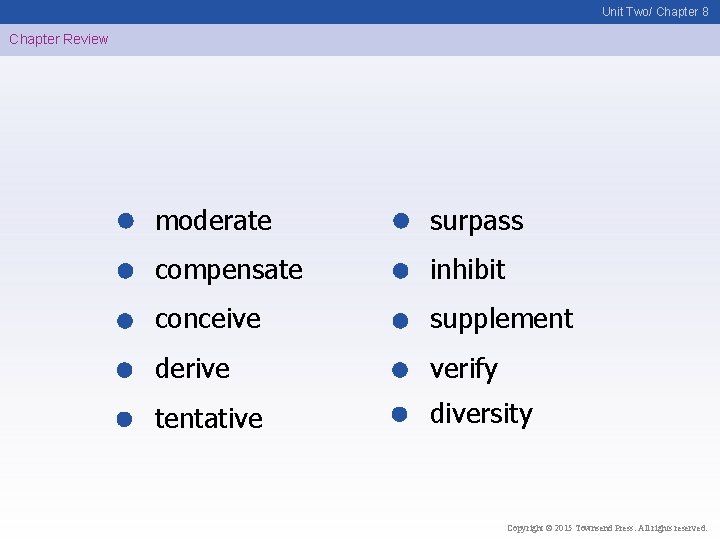 Unit Two/ Chapter 8 Chapter Review moderate surpass compensate inhibit conceive supplement derive verify