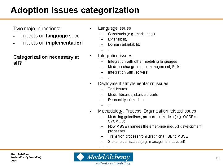 Adoption issues categorization Two major directions: - Impacts on language spec - Impacts on