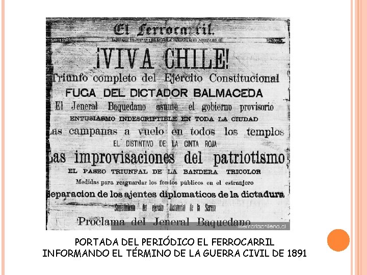 PORTADA DEL PERIÓDICO EL FERROCARRIL INFORMANDO EL TÉRMINO DE LA GUERRA CIVIL DE 1891