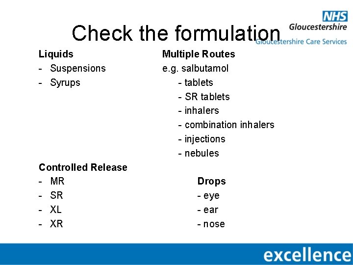 Check the formulation Liquids - Suspensions - Syrups Controlled Release - MR - SR
