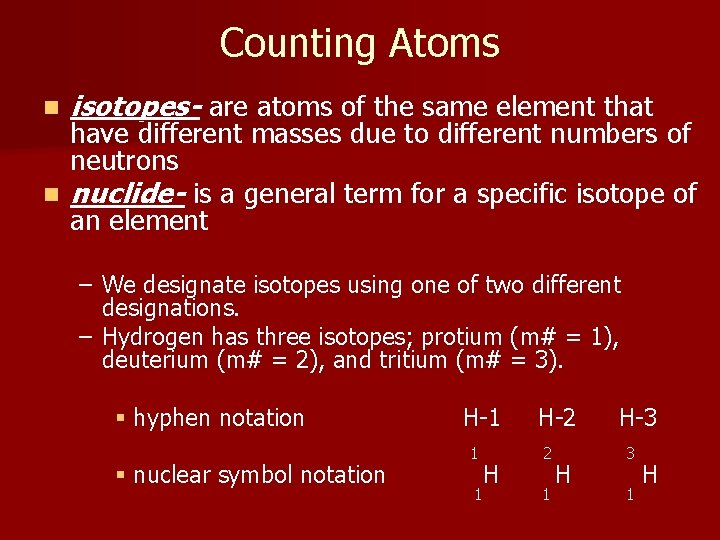 Counting Atoms n isotopes- are atoms of the same element that have different masses