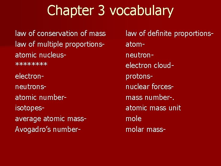 Chapter 3 vocabulary law of conservation of mass law of multiple proportionsatomic nucleus**** electronneutronsatomic