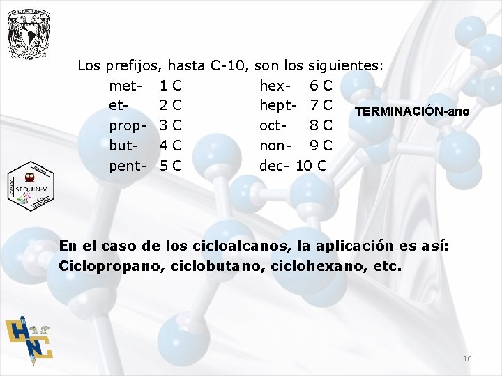 Los prefijos, hasta C-10, son los siguientes: met- 1 C hex- 6 C et