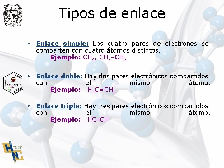 Tipos de enlace • Enlace simple: Los cuatro pares de electrones se comparten con