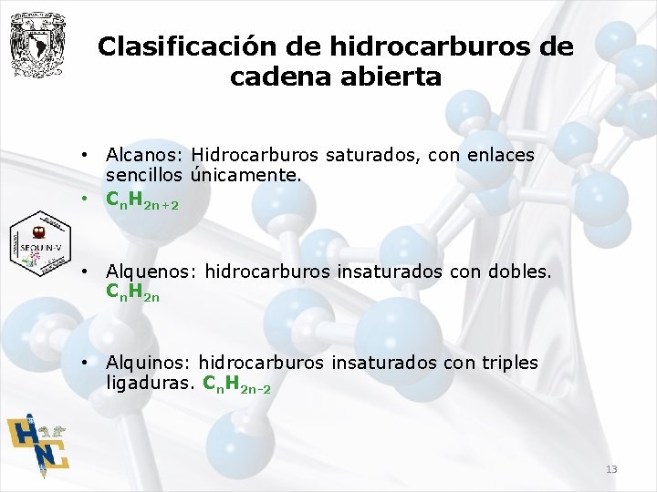 Clasificación de hidrocarburos de cadena abierta • Alcanos: Hidrocarburos saturados, con enlaces sencillos únicamente.