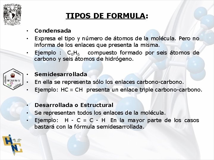 TIPOS DE FORMULA: • • • Condensada Expresa el tipo y número de átomos