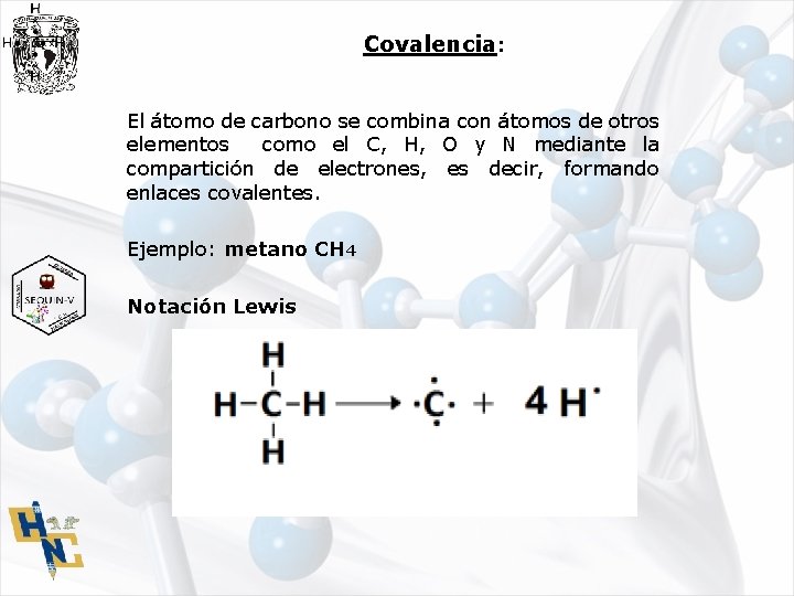 Covalencia: El átomo de carbono se combina con átomos de otros elementos como el