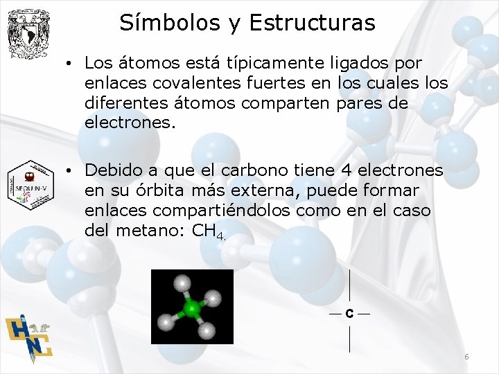 Símbolos y Estructuras • Los átomos está típicamente ligados por enlaces covalentes fuertes en