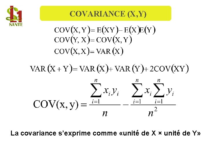 COVARIANCE (X, Y) La covariance s’exprime comme «unité de X × unité de Y»