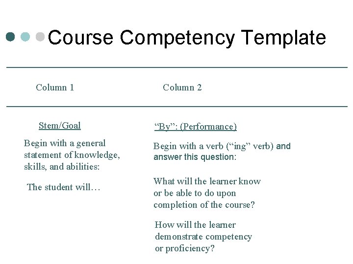 Course Competency Template Column 1 Stem/Goal Begin with a general statement of knowledge, skills,