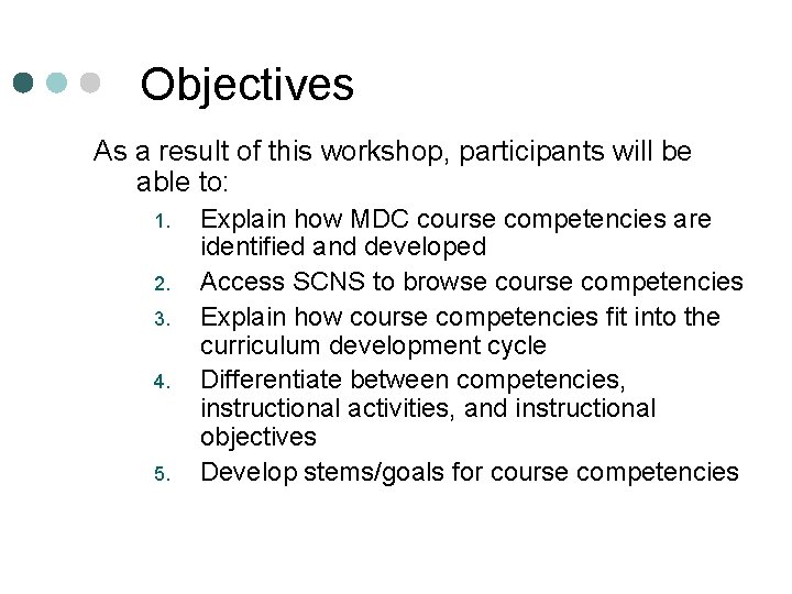 Objectives As a result of this workshop, participants will be able to: 1. 2.