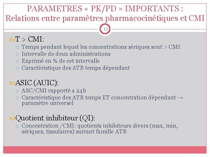 PARAMETRES « PK/PD » IMPORTANTS : Relations entre paramètres pharmacocinétiques et CMI 13 T