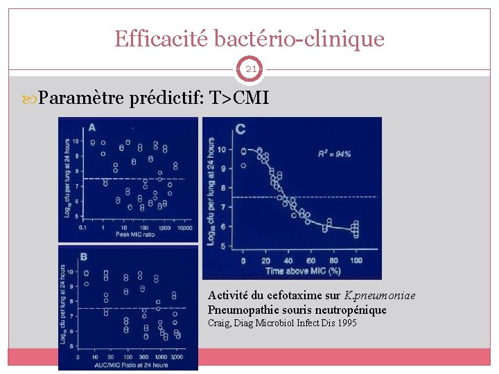 Efficacité bactério-clinique 21 Paramètre prédictif: T>CMI Activité du cefotaxime sur K. pneumoniae Pneumopathie souris