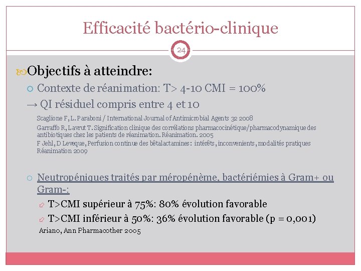 Efficacité bactério-clinique 24 Objectifs à atteindre: Contexte de réanimation: T> 4 -10 CMI =