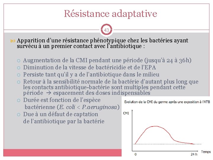 Résistance adaptative 43 Apparition d’une résistance phénotypique chez les bactéries ayant survécu à un