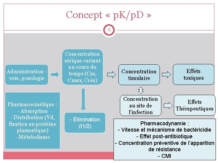 Concept « p. K/p. D » 6 Administration : voie, posologie Pharmacocinétique : -