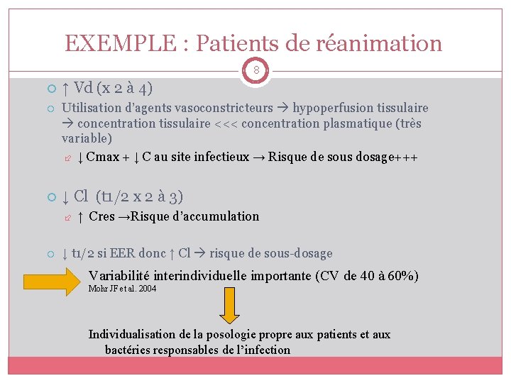 EXEMPLE : Patients de réanimation 8 ↑ Vd (x 2 à 4) Utilisation d’agents