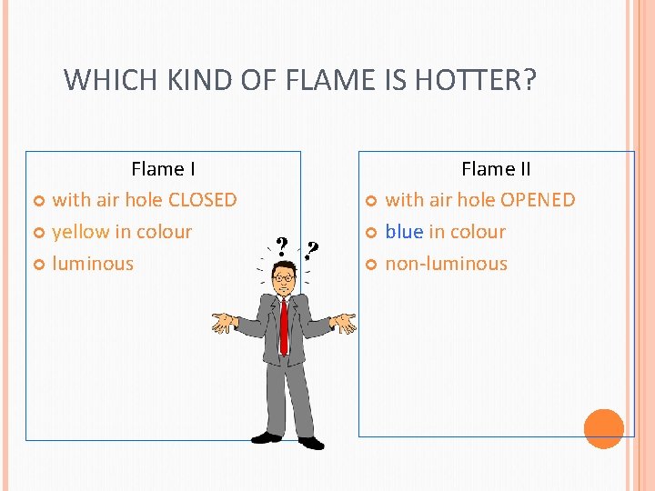 WHICH KIND OF FLAME IS HOTTER? Flame I with air hole CLOSED yellow in