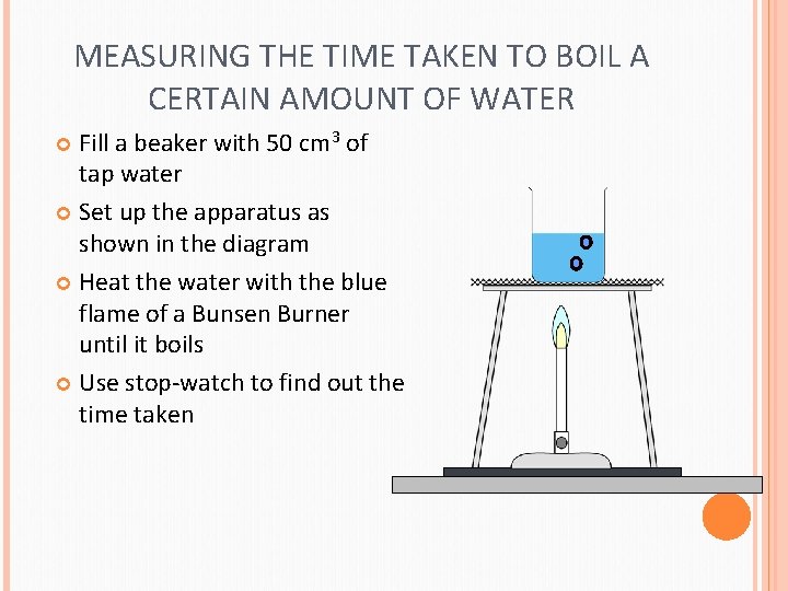 MEASURING THE TIME TAKEN TO BOIL A CERTAIN AMOUNT OF WATER Fill a beaker