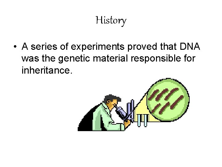 History • A series of experiments proved that DNA was the genetic material responsible