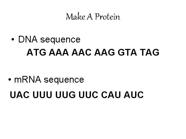 Make A Protein • DNA sequence ATG AAA AAC AAG GTA TAG • m.