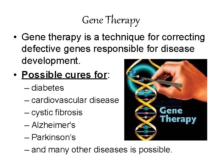 Gene Therapy • Gene therapy is a technique for correcting defective genes responsible for