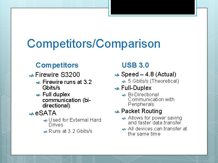 Competitors/Comparison Competitors Firewire S 3200 Firewire runs at 3. 2 Gbits/s Full duplex communication