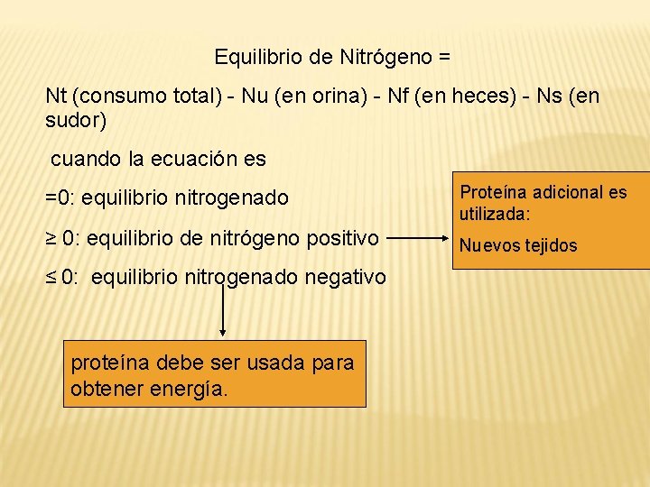 Equilibrio de Nitrógeno = Nt (consumo total) - Nu (en orina) - Nf (en