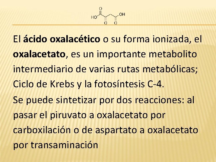 El ácido oxalacético o su forma ionizada, el oxalacetato, es un importante metabolito intermediario