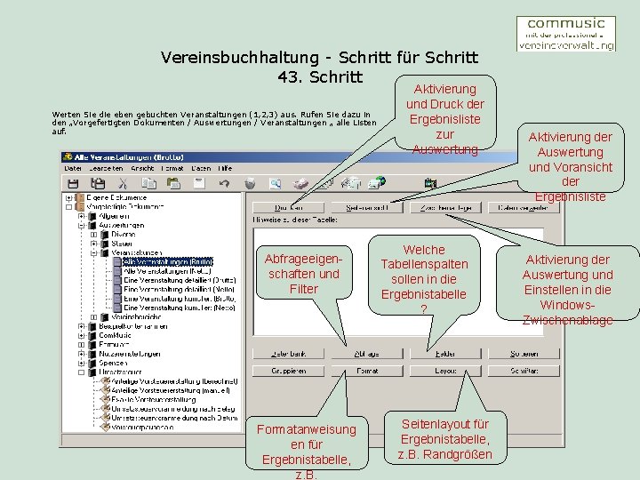 Vereinsbuchhaltung - Schritt für Schritt 43. Schritt Werten Sie die eben gebuchten Veranstaltungen (1,