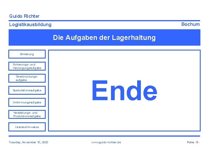 Guido Richter Bochum Logistikausbildung Die Aufgaben der Lagerhaltung Einleitung Sicherungs- und Versorgungsaufgabe Überbrückungsaufgabe Spekulationsaufgabe