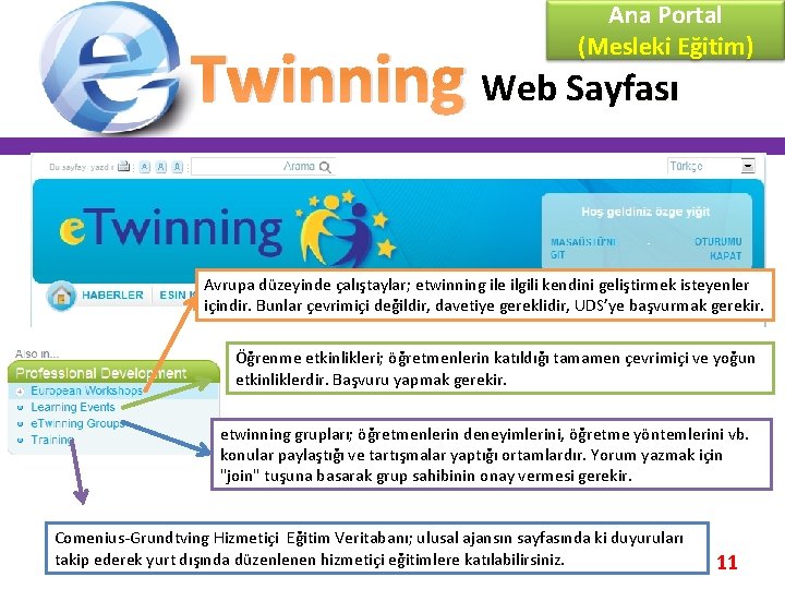 Ana Portal (Mesleki Eğitim) Twinning Web Sayfası Avrupa düzeyinde çalıştaylar; etwinning ile ilgili kendini