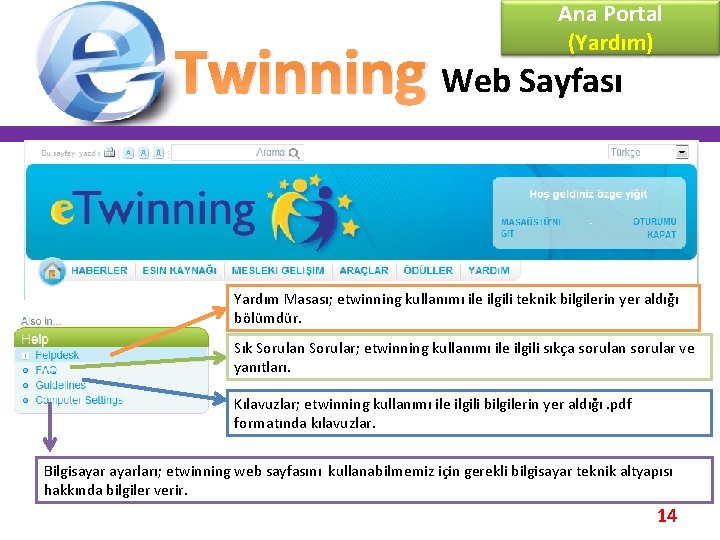 Ana Portal (Yardım) Twinning Web Sayfası Yardım Masası; etwinning kullanımı ile ilgili teknik bilgilerin