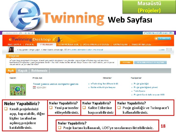 Masaüstü (Projeler) Twinning Web Sayfası Neler Yapabiliriz? q Kendi projelerinizi açıp, kapatabilir, diğer kişiler