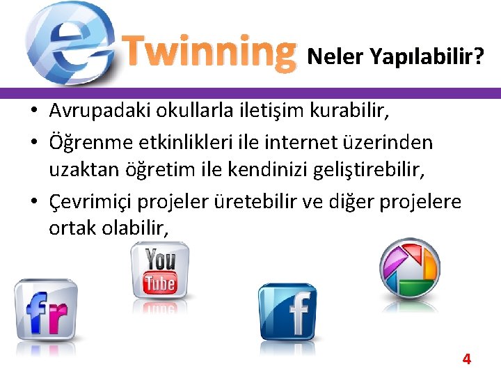 Twinning Neler Yapılabilir? • Avrupadaki okullarla iletişim kurabilir, • Öğrenme etkinlikleri ile internet üzerinden