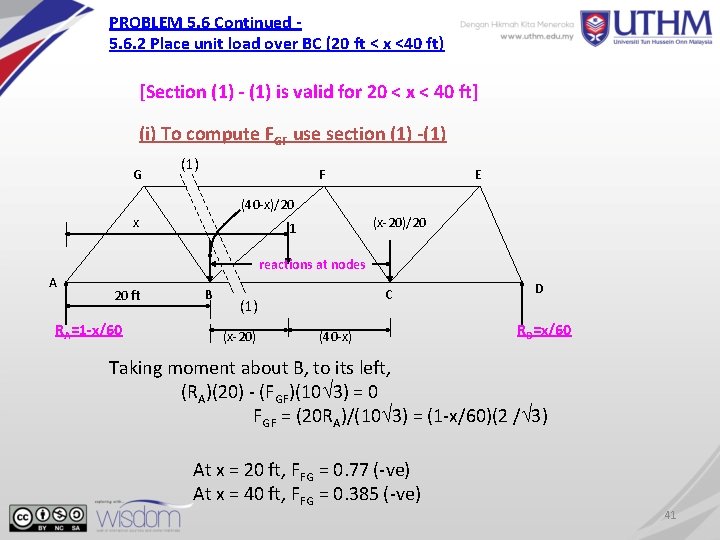 PROBLEM 5. 6 Continued 5. 6. 2 Place unit load over BC (20 ft