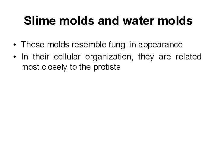 Slime molds and water molds • These molds resemble fungi in appearance • In