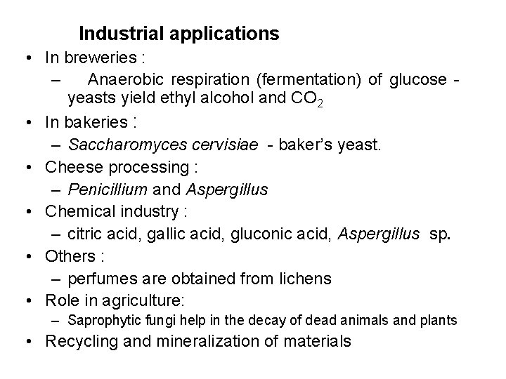 Industrial applications • In breweries : – Anaerobic respiration (fermentation) of glucose yeasts yield