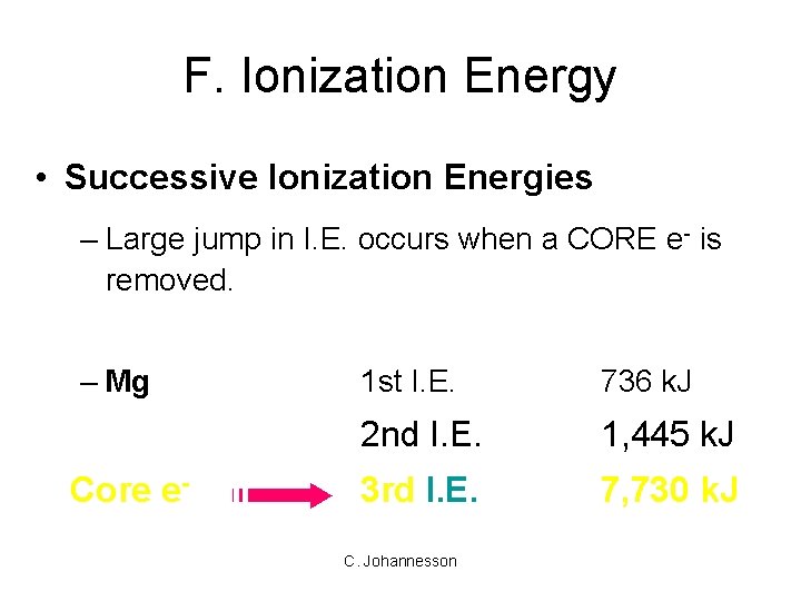 F. Ionization Energy • Successive Ionization Energies – Large jump in I. E. occurs