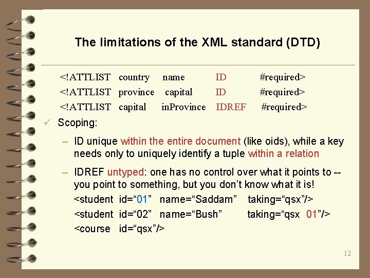 The limitations of the XML standard (DTD) <!ATTLIST country name ID <!ATTLIST province capital