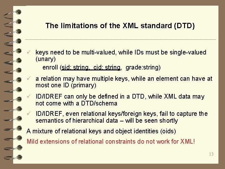 The limitations of the XML standard (DTD) ü keys need to be multi-valued, while