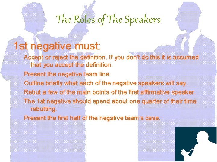 The Roles of The Speakers 1 st negative must: Accept or reject the definition.